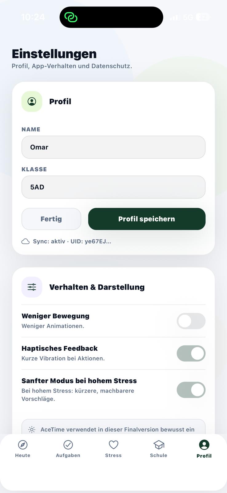 Einstellungen-Screen